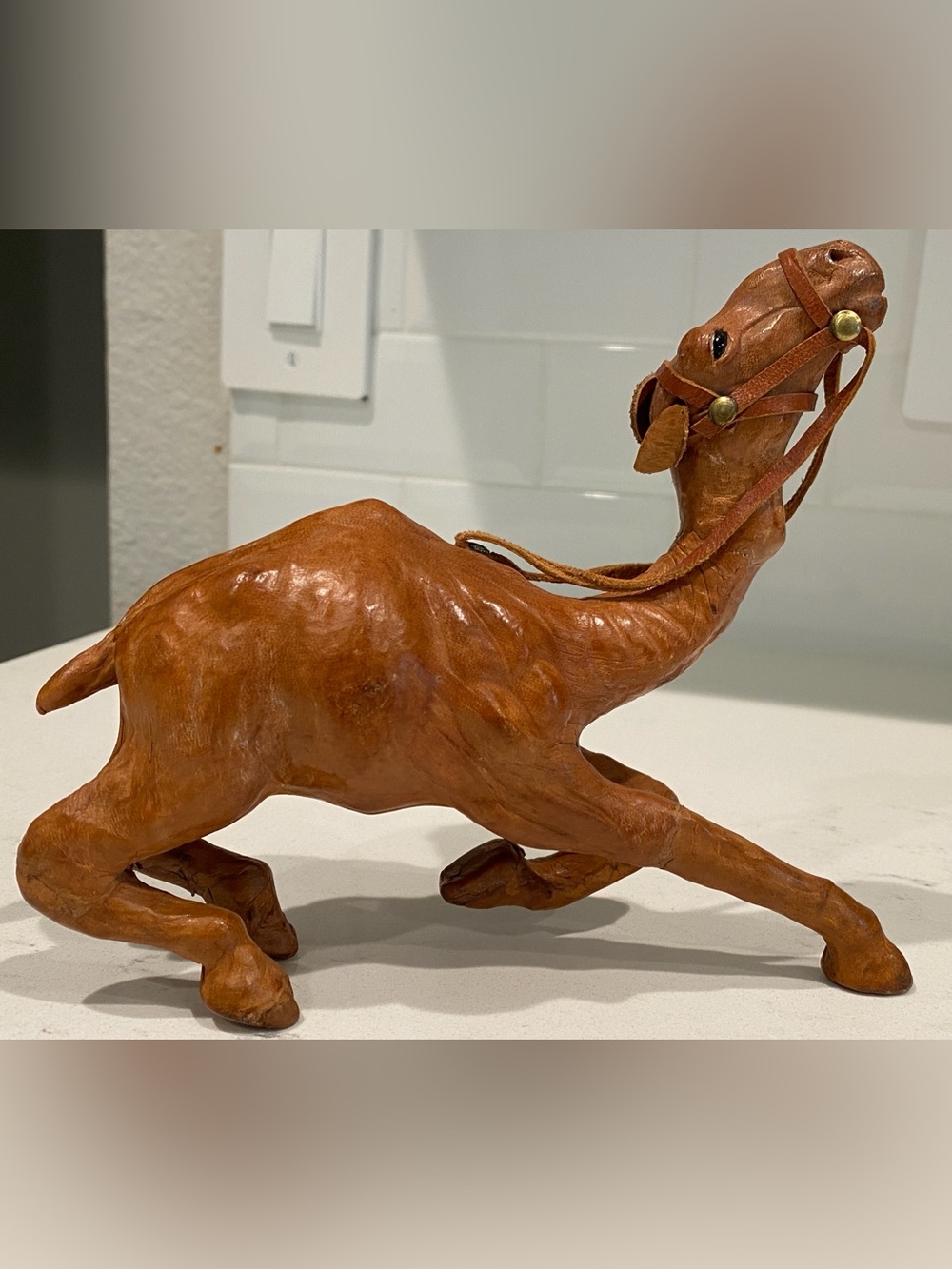 Vintage Handcrafted Leather Brown Camel Sculpture with glass eyes